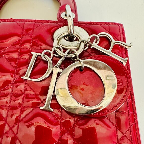 CHRISTIAN DIOR TWO-WAY LADY DIOR PATENT LEATHER TOTE SHOULDER BAG RED - Picture 11 of 16
